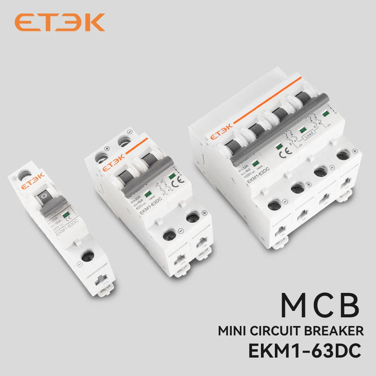 Interruptor magnetotérmico en DC ETEK EKM1-63DC 2P/4P 6kA 500/1000V, montaje en carril DIN
