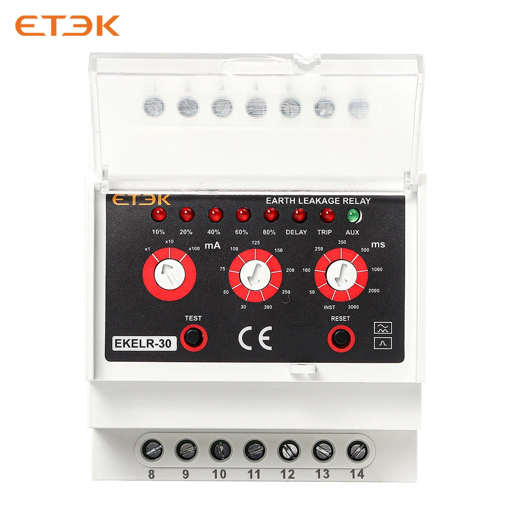 Relé de Fugas a Tierra ETEK EKELR-30 | Protección de Corriente de Fuga Ajustable | Retardo AC | 30mA / 30A | 230V
