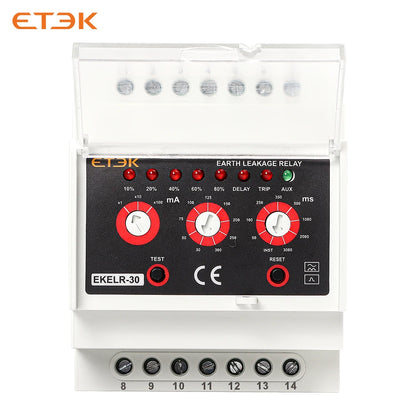 Relé de Fugas a Tierra ETEK EKELR-30 | Protección de Corriente de Fuga Ajustable | Retardo AC | 30mA / 30A | 230V