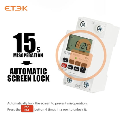 Temporizador Digital Semanal Programable ETEK EKTS316 220V 40A con Montaje en Carril DIN y Batería de Respaldo