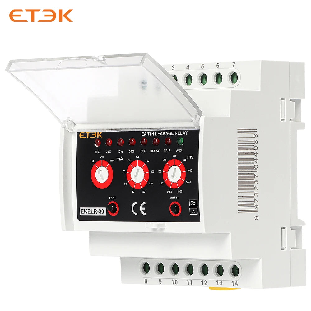 Relé de Fugas a Tierra ETEK EKELR-30 | Protección de Corriente de Fuga Ajustable | Retardo AC | 30mA / 30A | 230V
