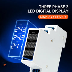 Voltímetro digital modular trifásico ETEK EKMV3-500R 80–500V AC, pantalla LED de 3 dígitos, montaje en carril DIN