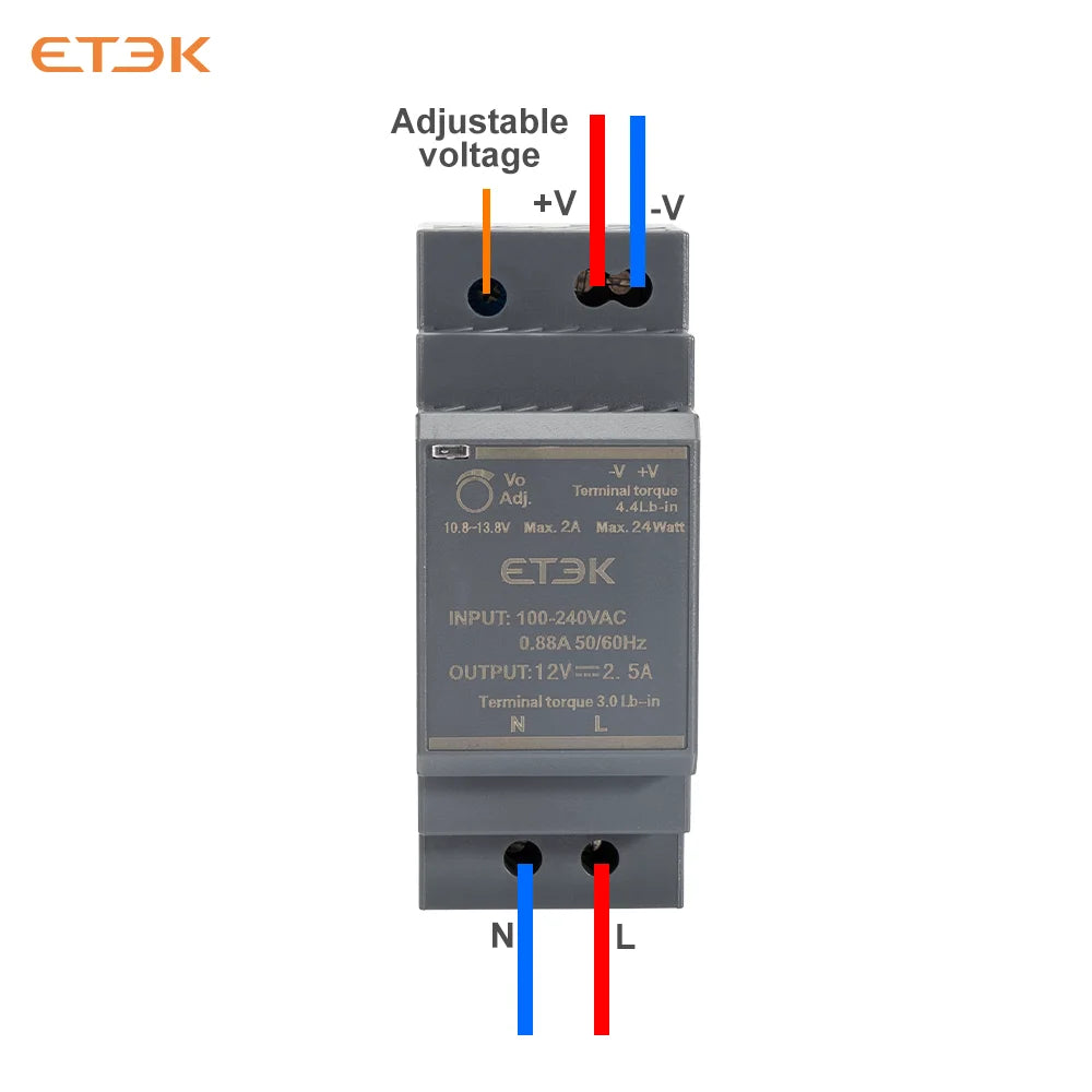 Fuente de Alimentación Industrial Ultra Fina ETEK EKHDR 12V / 24V | 15W / 60W | Montaje en Riel DIN | Protección contra Cortocircuitos