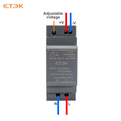 Fuente de Alimentación Industrial Ultra Fina ETEK EKHDR 12V / 24V | 15W / 60W | Montaje en Riel DIN | Protección contra Cortocircuitos